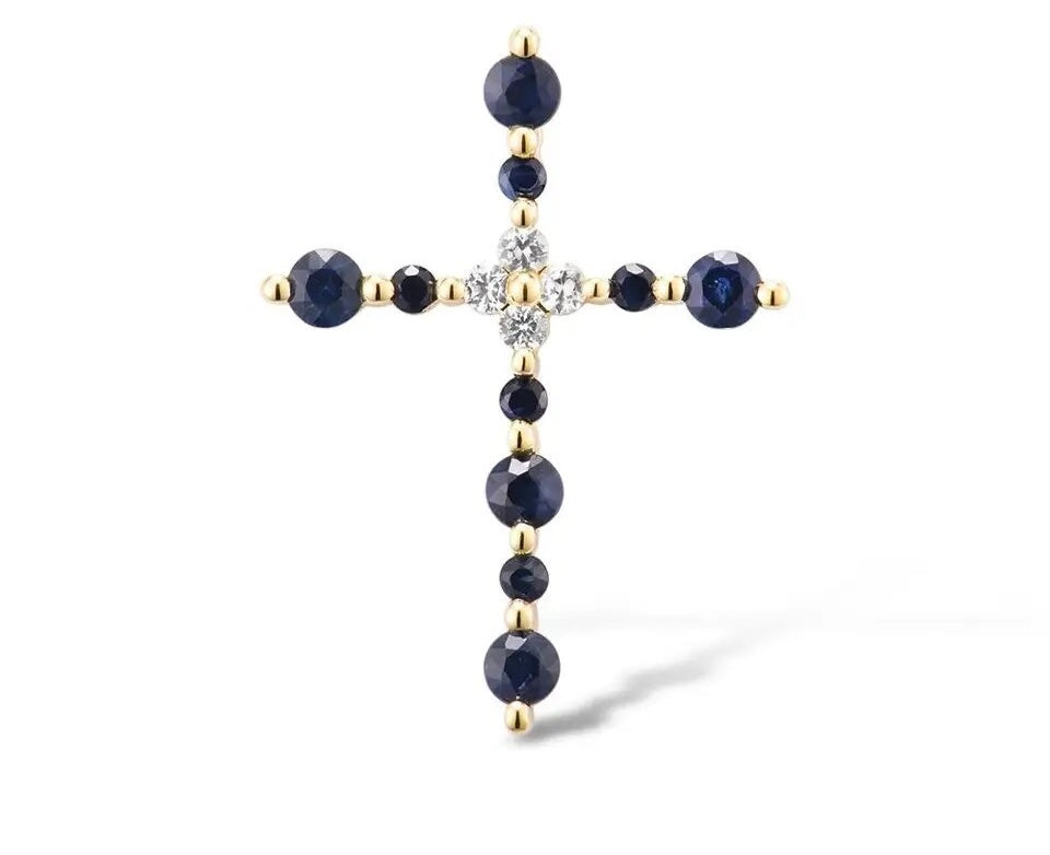 Dije de Cruz de Zafiros Blancos y Azules y Oro de 14k