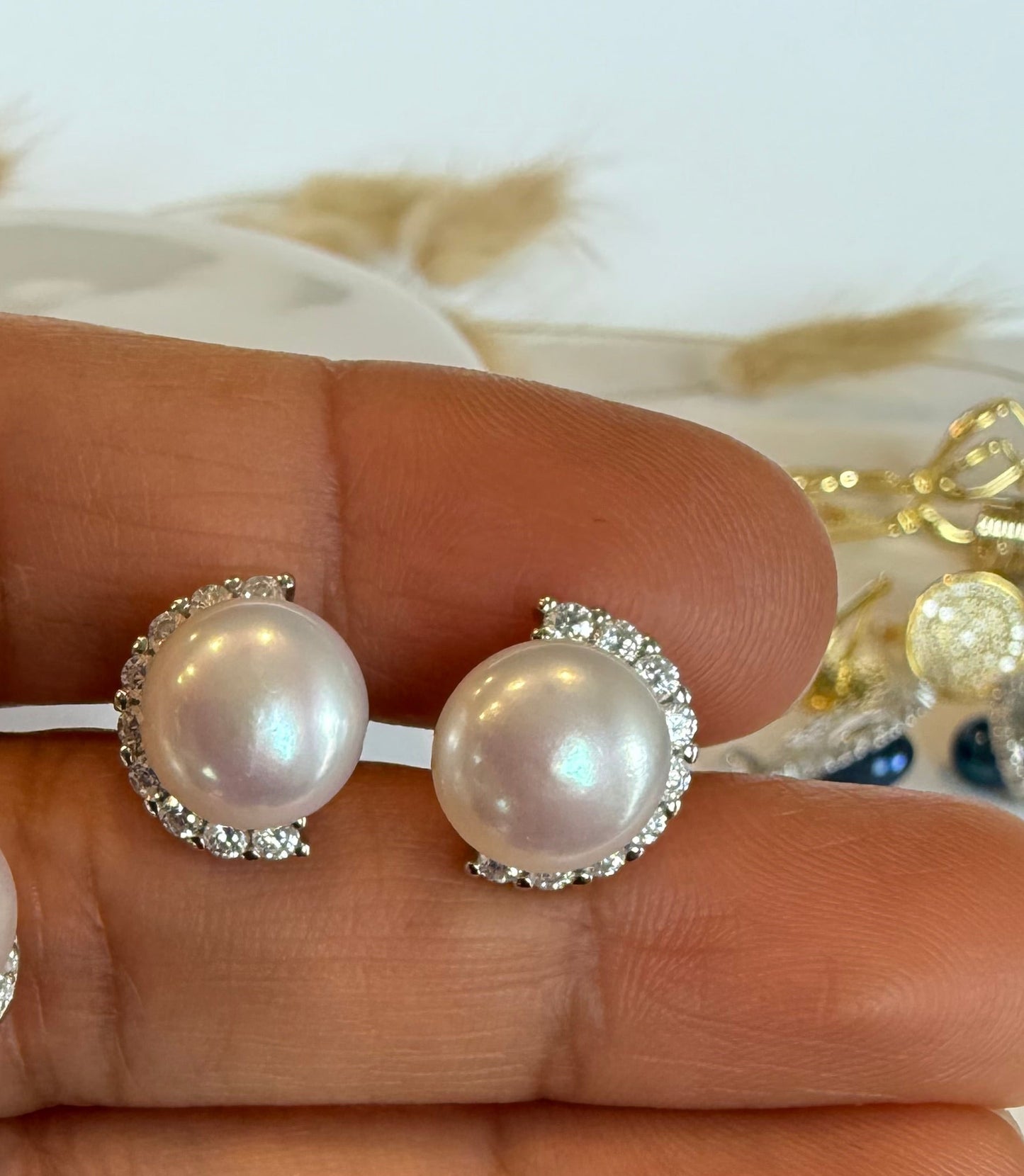 Aritos perla natural de Río, plata925 con Zircones