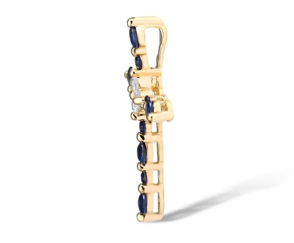 Dije de Cruz de Zafiros Blancos y Azules y Oro de 14k
