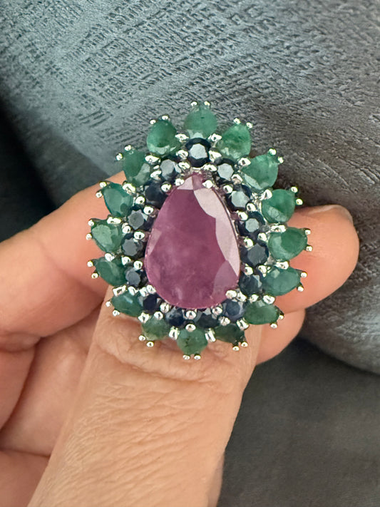 Anillo talla 7 en plata925 con esmeraldas rubie y zafiros naturales