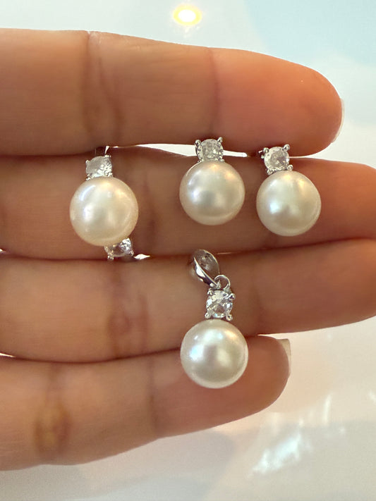 Juego de perlas naturales de río, talla 8, plata925