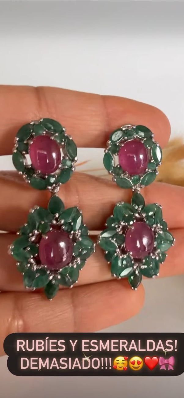 Aretes Largos, plata925, Esmeraldas y Rubíes Cabochon Naturales