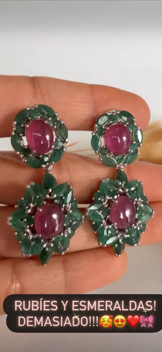 Aretes Largos, plata925, Esmeraldas y Rubíes Cabochon Naturales