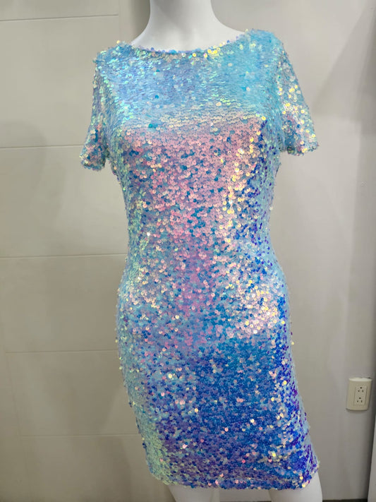 Vestido lentejuelas corto color Celeste Talla M