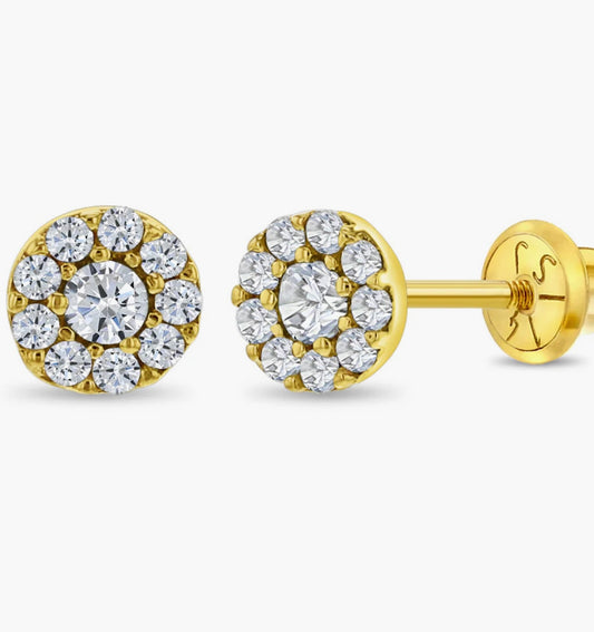 Aritos en oro de 14k y rosca de seguridad, en forma redonda con zircones