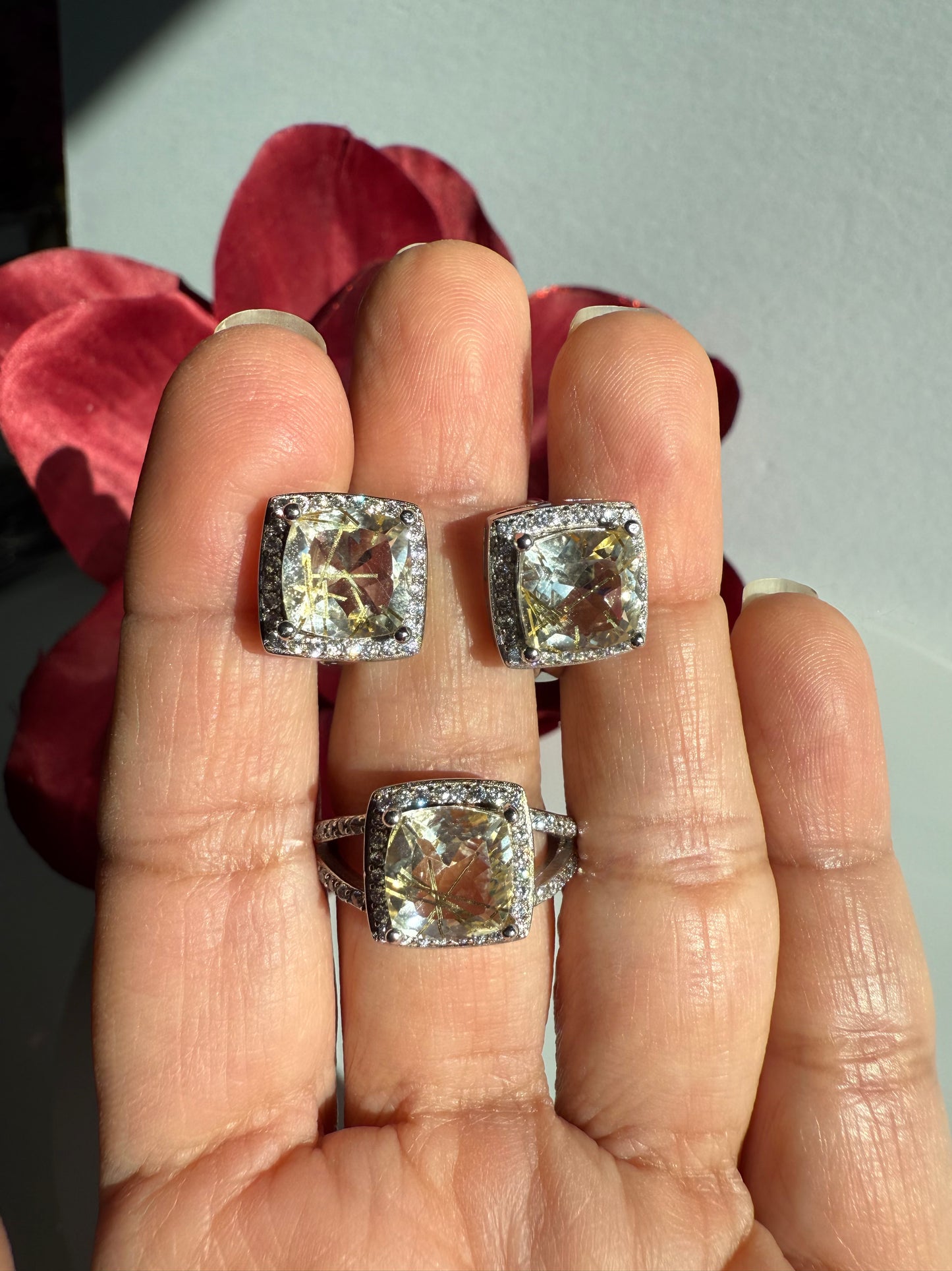 Juego de aretes y anillo talla 6, piedra natural Golden Needle