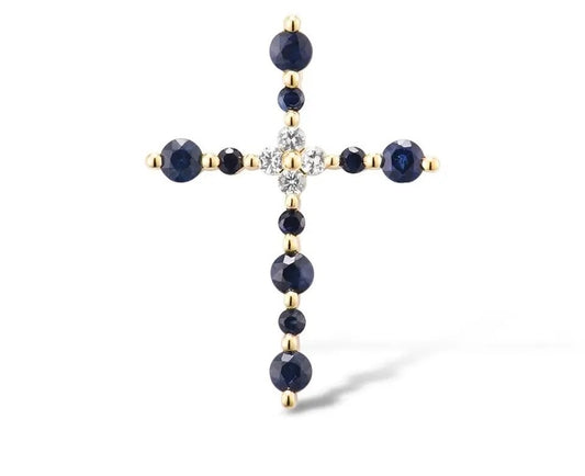 Dije de Cruz de Zafiros Blancos y Azules y  Oro de 14k