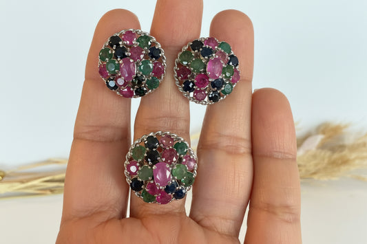Juego de aretes y anillo talla 8.5, Plata925, Esmeraldas, Rubies y zafiros naturales