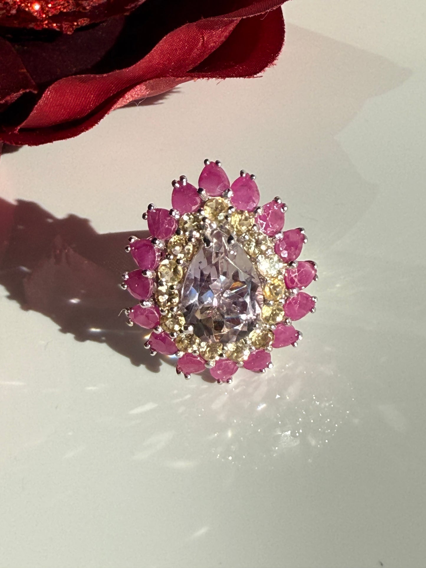 Anillo talla 7, plata925 con rubíes, citrinas y amatista natural