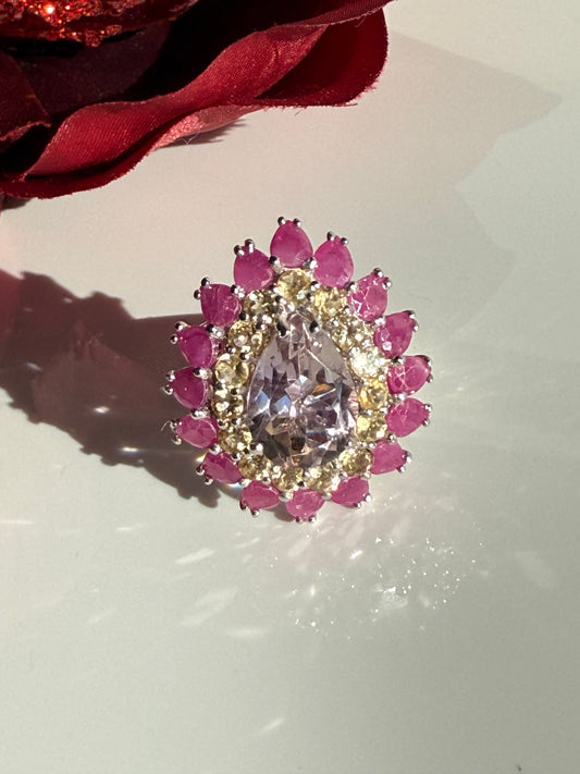 Anillo talla 7, plata925 con rubíes, citrinas y amatista natural