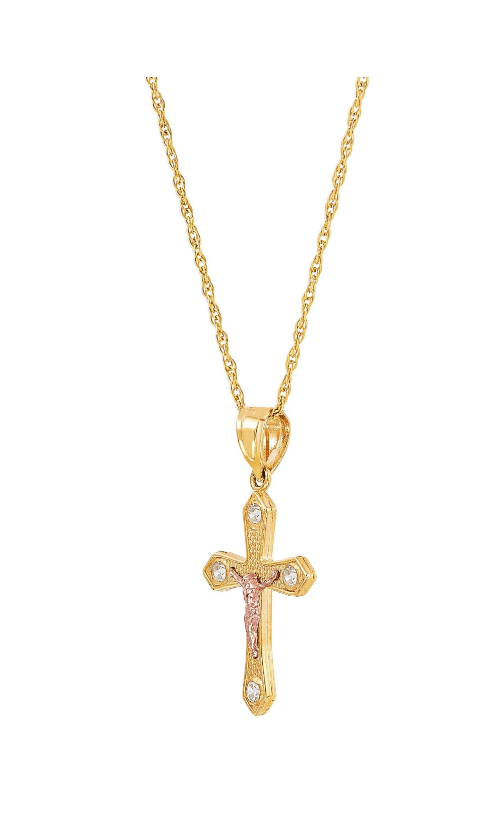 Dije en Oro de 10k, Crucifijo oro amarillo y rosado con Zircones