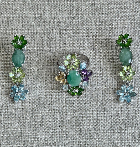 Juego de aretes y anillo talla 8, plata925 con esmeraldas, amatistas, citrinas y topacios naturales