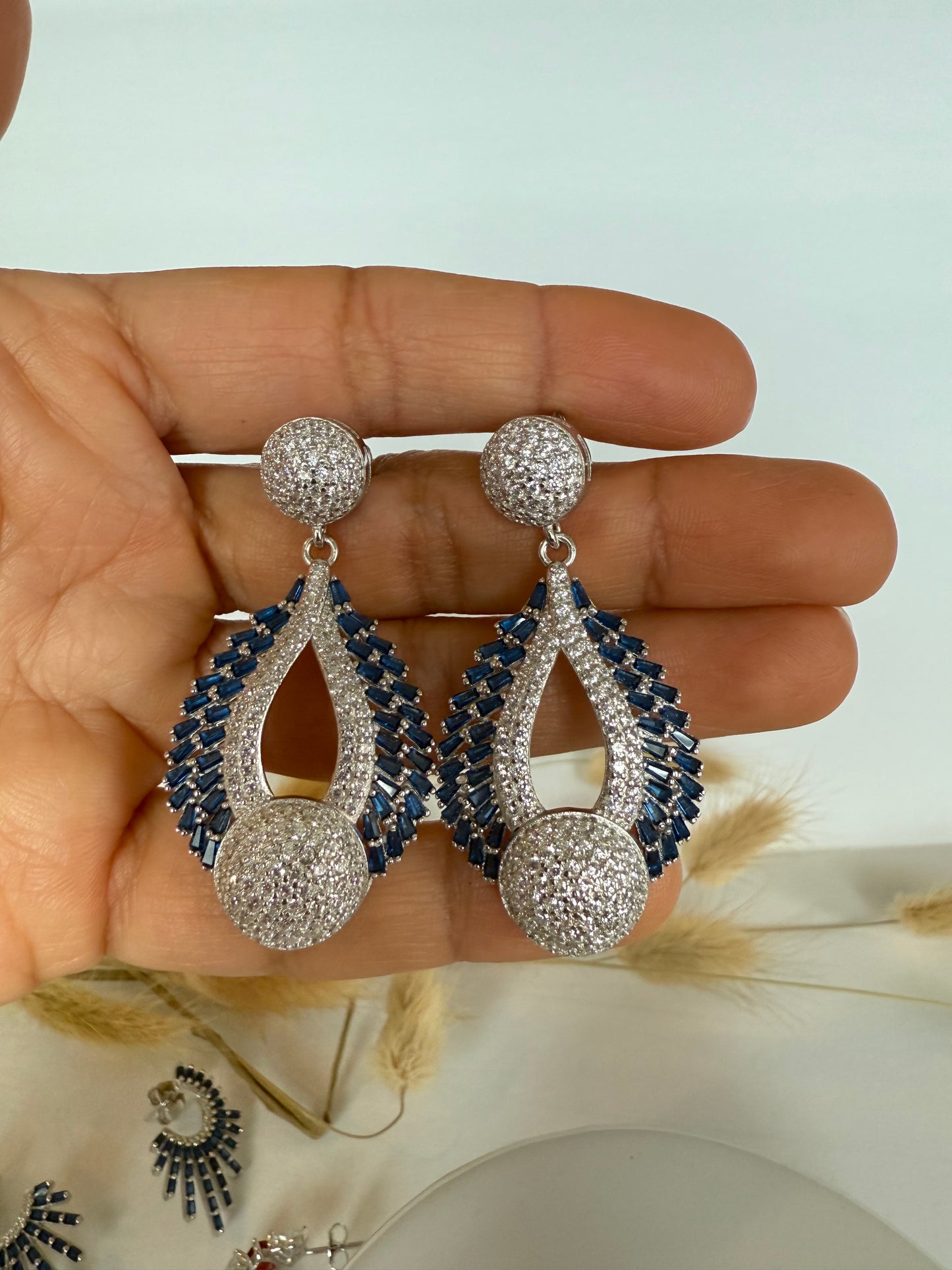 Aritos de fiesta, largos, plata925 con Zircones azules y blancos