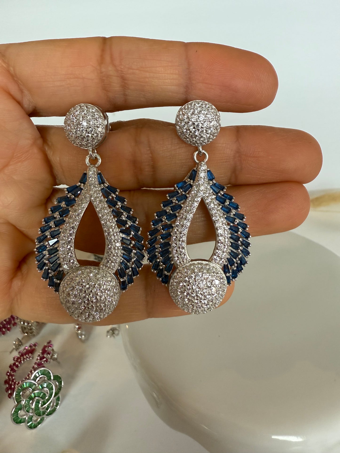 Aritos de fiesta, largos, plata925 con Zircones azules y blancos