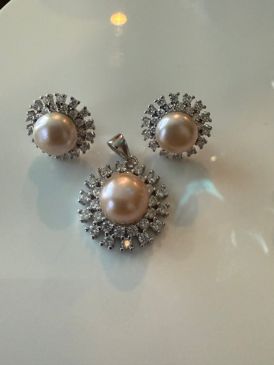 Juego aritos y dije, plata925 con perlas naturales rio