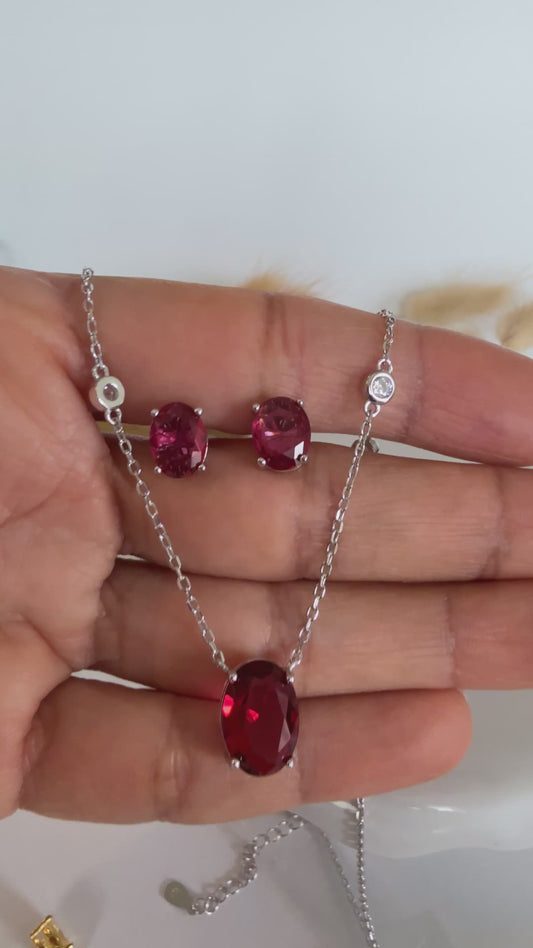 Juego de aritos y cadena, plata925 zircones rojo