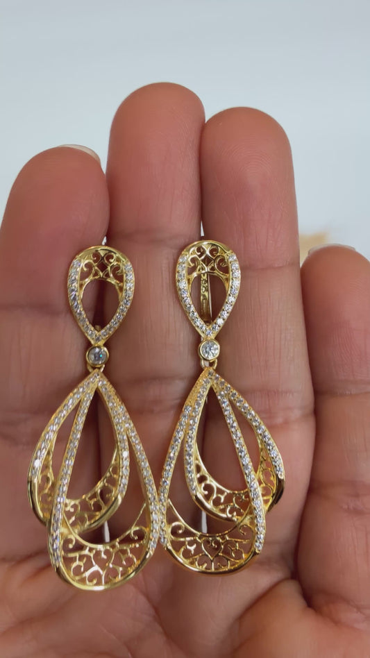 Aritos colgantes, plata925 con baño de oro y zircones