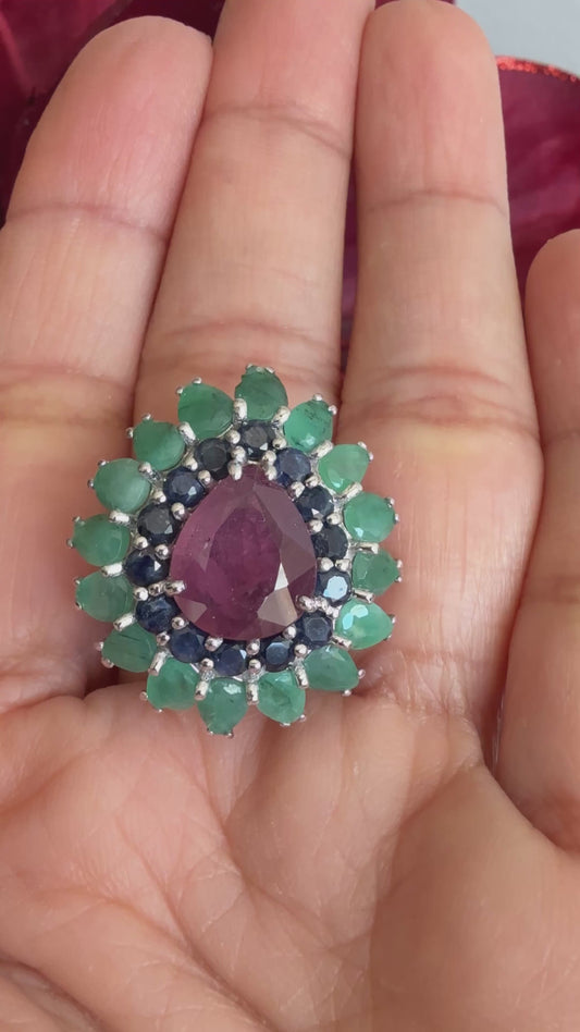 Anillo talla 7 en plata925 con esmeraldas rubie y zafiros naturales