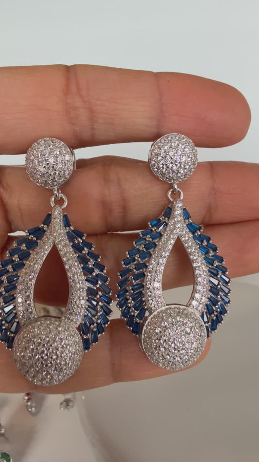 Aritos de fiesta, largos, plata925 con Zircones azules y blancos